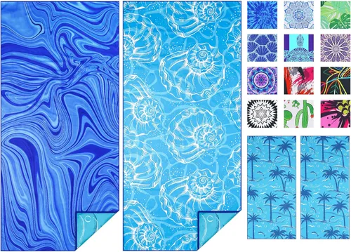 Vista 13 de Paquete de 2 toallas de playa finas de microfibra, ligeras, de 71 x 32 pulgadas, extra grandes, sin arena, de secado rápido, para viajes, piscina