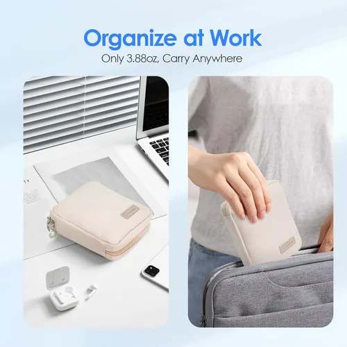 Vista 8 de LENTION Tech - Bolsa organizadora resistente al agua, bolsa compacta para cables para cargador de MacBook, banco de energía, cables USB, Beige