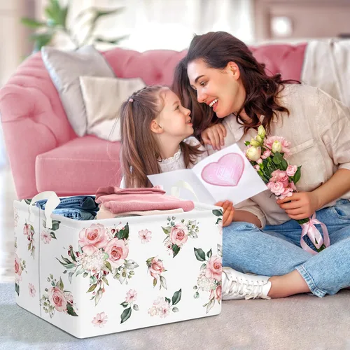Vista 3 de Clastyle Cesta de regalo de niña floral rosa rectangular vacía con rosas y flores, cesta de almacenamiento para ropa de bebé, juguetes para libros