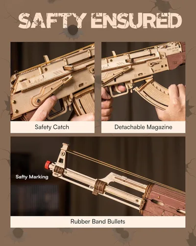 Vista 5 de ROKR Rompecabezas 3D para adultos, modelo de rompecabezas de madera 3D AK47 con bandas de goma, kits de construcción de manualidades de madera DIY