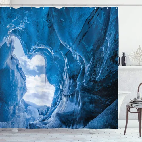 Ambesonne Natural Cave Shower Curtain, Glacier Frozen Chilled Den in Iceland Natural Odd Forms Nordic Scandinavian Image, Cloth Fabric Bathroom