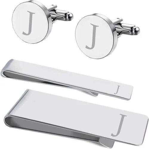 Vista 2 de BodyJ4You Juego de 8 gemelos con barra de corbata, clip de dinero, camisa con botón de iniciales personalizadas, letra J