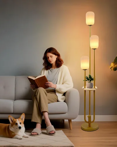 Vista 27 de Lightdot Lámparas de pie bohemias regulables para sala de estar, lámpara de pie de ratán de 3 luces con estantes, lámpara de pie de granja blanca