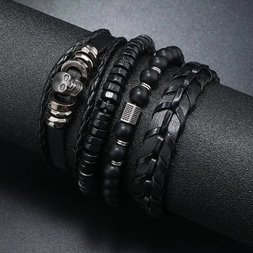 Vista 4 de Punk Leather Bracelet for Men Women Leather 8-10 PCS Braided Cuff Bracelet Multilayer Leather Bracelet