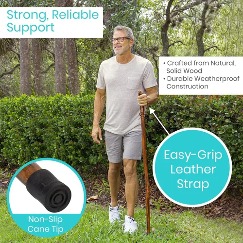 Vista 2 de Vive Bastón de madera para senderismo, hecho a mano, impermeable, con correa de muñeca de cuero, bastón de madera para equilibrio, mujeres, hombres
