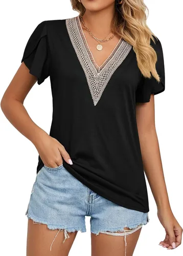 Vista 2 de WELINCO Camisetas básicas de verano para mujer, cuello en V, manga de pétalo, estilo casual