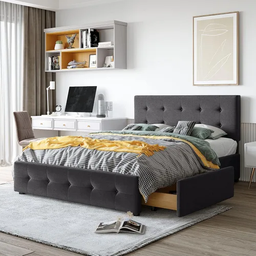 Vista 8 de P PURLOVE Cama de plataforma tapizada con 4 cajones, tamaño Queen, plataforma de almacenamiento con cabecero, no necesita somier, marco de cama beige