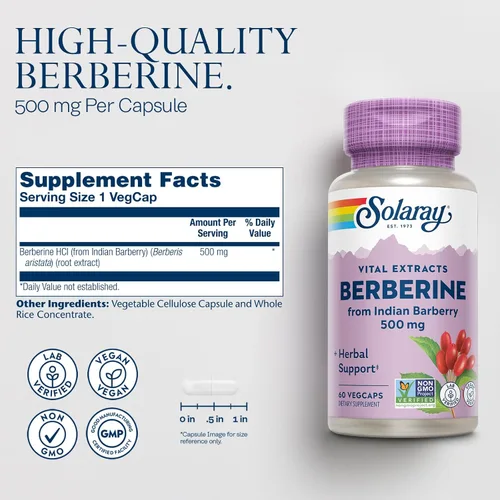 Vista 2 de SOLARAY Berberina 500mg - Suplemento de Berberina para un Estilo de Vida Saludable y Activo - con Berberina HCl de Berberis Aristata - Vegano, Sin