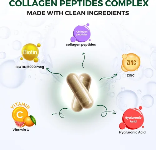 Vista 3 de Complejo de péptidos de colágeno 1000 mg 60 cápsulas veganas con ácido hialurónico y biotina Fórmula sin marinos a base de plantas Beauty