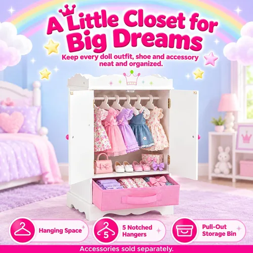 Vista 2 de Emily Rose 18 Inch Doll Clothes Armoire Closet Storage Wardrobe - 5 Hangers