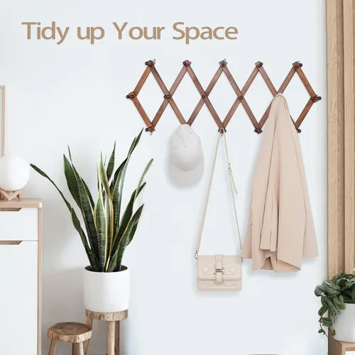 Vista 4 de Percha de pared de acordeón con 16 ganchos, perchero expandible de pared de madera para abrigos, sombreros, gorras de béisbol, taza de café, joyas