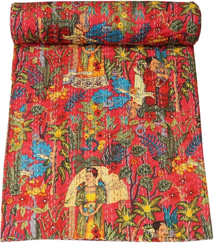 Vista 7 de Marubhumi Colcha de algodón puro Kantha con diseño tradicional indio de Farida (beige, individual (60 x 90 pulgadas)