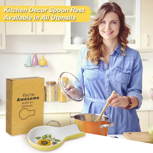 Vista 5 de Soporte para cucharas para estufa, soporte de cuchara de Navidad de girasol para encimera de cocina, caja de regalo en relieve de girasol, lista