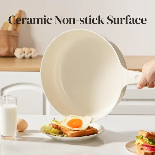 Vista 5 de Redchef Sartén antiadherente para freír con tapa, sartén para saltear de cerámica, libre de PFOA y PFOS, compatible con inducción, mango con ayuda