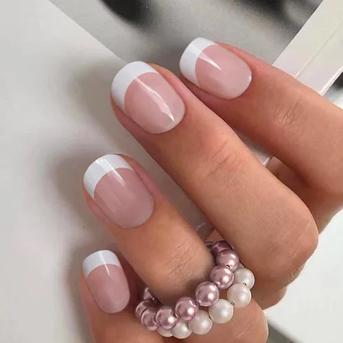 Vista 16 de Uñas postizas CurvLife blancas lechosas, cortas, cuadradas, acrílicas, con diseño de albaricoque, cobertura completa, brillantes, nude