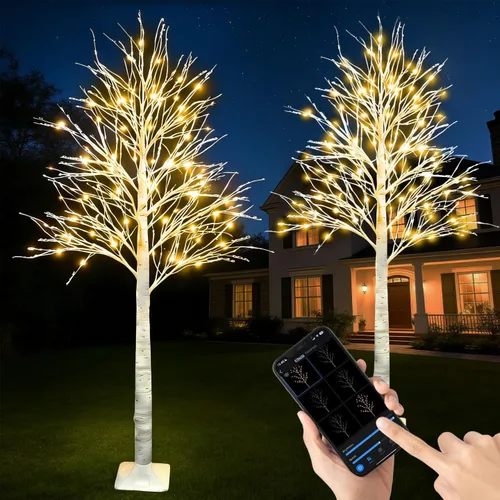 Vista 12 de Árbol de abedul iluminado inteligente de 6 pies con luces LED WW para decoración de Navidad, control de aplicación y botón, sincronización musical