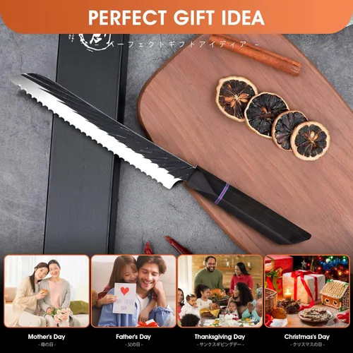 Vista 7 de ROCOCO Cuchillo afilado para pan dentado, cortador de pan, cuchillo cortador de carne, cuchillo para el hogar, cocina, 7.4 pulgadas, cumpleaños