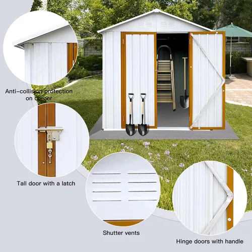 Vista 2 de Cobertizo de almacenamiento para exteriores de 6 x 4 pies, impermeable, cobertizos de jardín de metal con 2 puertas con cerradura y base de base