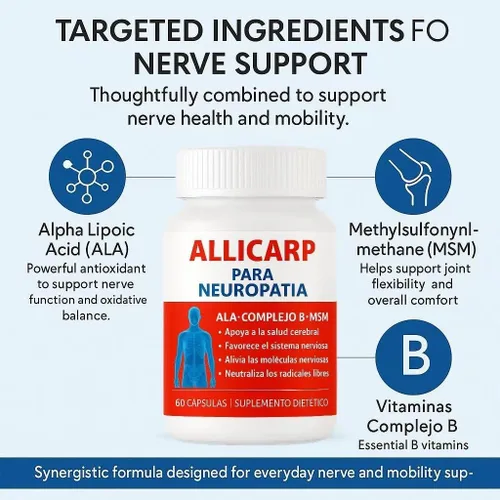 Vista 2 de Allicarp Para Neuropatia, Tratamiento de Neuropatía con Ácido Alfa Lipoico (ALA), Metilsulfonilmetano (MSM), Vitaminas Complejo B6 B12 C D3 E