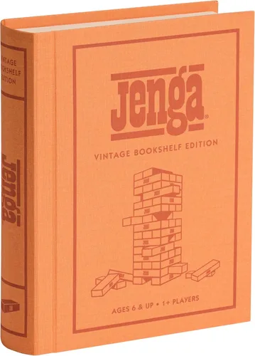 WS Game Company Jenga - Estantería vintage con funda y funda envuelta en lino, 54 bloques de madera dura y funda apilable, juego clásico de Jenga