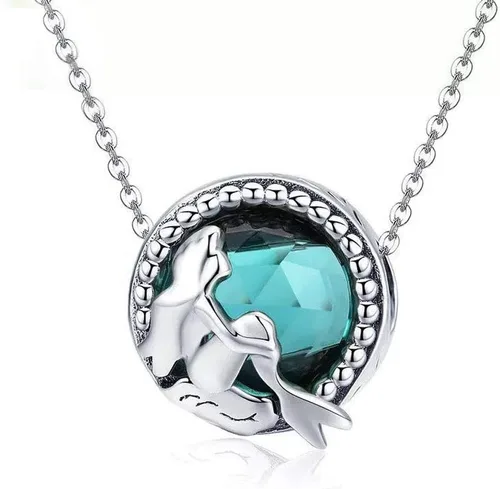 Vista 4 de Abalorio de cola de sirena azul y concha de plata de ley 925 con dije de océano para pulsera y collar