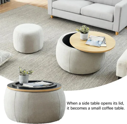 Vista 6 de Juego de 2 piezas de otomano redondo de chenilla para almacenamiento, equipado con un taburete pequeño en forma de tambor, espacio de almacenamiento