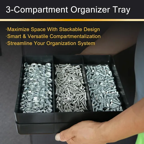 Vista 5 de Bandeja organizadora de plástico de 3 compartimentos, bandeja de herramientas apilable resistente con base antideslizante, para taller, garaje