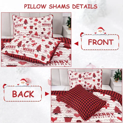 Vista 5 de FRAMICS 3-Piece Christmas Quilt Set Queen Size Holiday Lightweight Reversible Bedspread Coverlet Red Checked Merry Christmas Tree Bedding(1 Quilt, 2