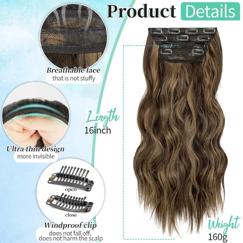 Vista 2 de KooKaStyle Extensiones de cabello sintético con pinzas, largo, ondulado, grueso, balayage, marrón chocolate a rubio caramelo, fibra 10H26