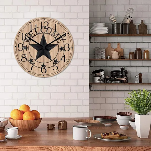 Vista 4 de Reloj de pared redondo de estilo rústico con estrella de Texas occidental, reloj de madera, silencioso, sin tictac, funciona con pilas, con números