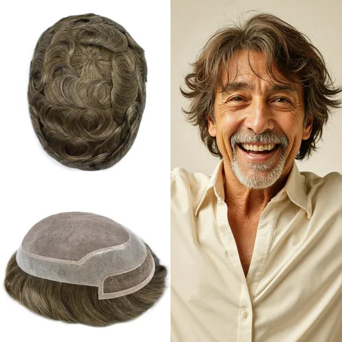 Vista 44 de Toupee - Sistema de cabello humano de repuesto con encaje frontal para hombre, extensiones de pelo tipo tupé mono PU para hombres