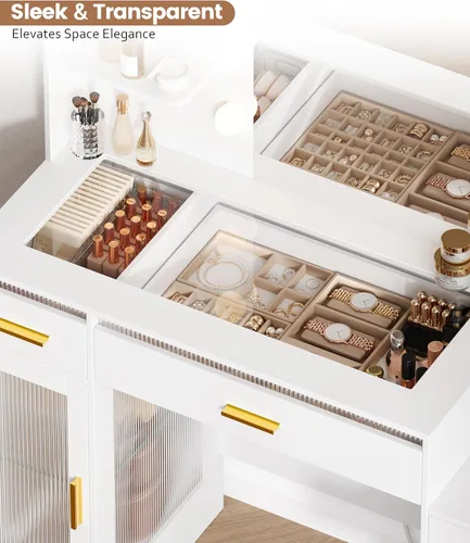 Vista 5 de Escritorio de tocador con espejo y luces, tocador de maquillaje con 6 cajones, tocador superior transparente con 2 armarios y estantes