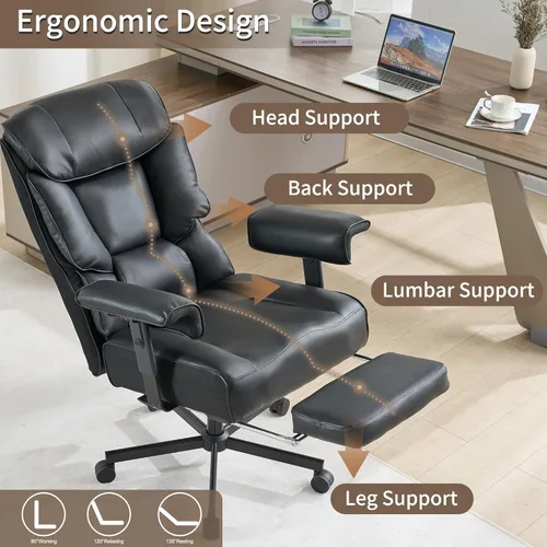 Vista 5 de Silla de oficina grande y alta con reposapiés, sillas de oficina ejecutivas de respaldo alto resistente con reposabrazos ajustables, silla