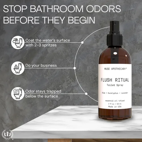 Vista 2 de Muse Apothecary Flush Ritual - Espray para inodoro aromático y refrescante, usar antes de ir, 2 onzas, infundido con aceites esenciales naturales