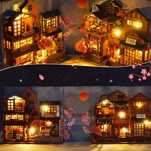 Vista 7 de Kit de rincón de libros para bricolaje, sujetalibros decorativo de madera 3D, kit de casa de muñecas con LED brillante, rincón de madera creativo