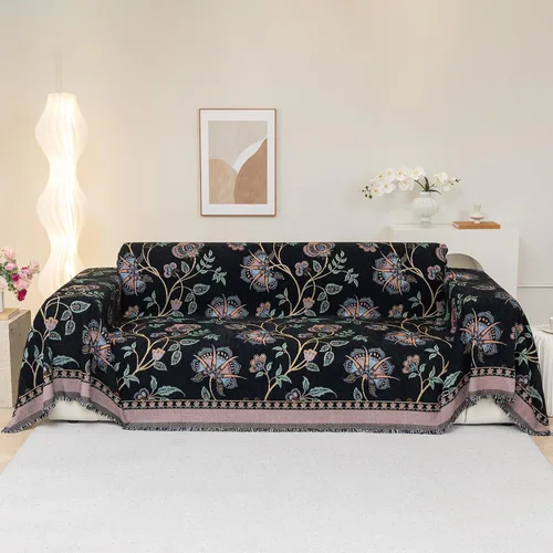 Vista 21 de DREAMINGO Funda de sofá decorativa de chenilla con diseño floral de granja Rama Botánica Negro