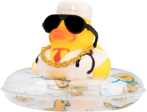 Vista 12 de Wonuu Decoración de pato de goma para automóvil, adorno de tablero con mini collar de anillo de natación y gafas de sol