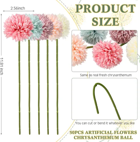 Vista 2 de Tigeen 50 piezas de flores artificiales de crisantemo, bola de crisantemo artificial realista para bricolaje, ramos de boda, despedidas de soltera