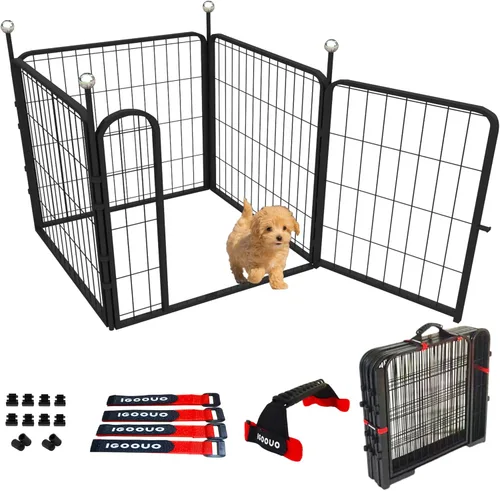 Vista 11 de Jaulas Portátiles para Perros y Corralito, Jaula de Metal de 32 Pulgadas para Perros Pequeños/Medianos, para Interior/Exterior, Correas