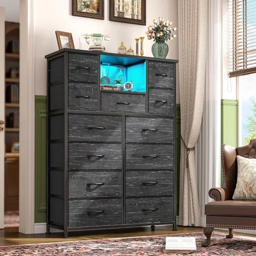 Vista 8 de Romorgniz Cómoda para dormitorio con 13 cajones de tela, cómoda negra con LED y 4 puertos de carga, cómoda de 47 pulgadas de alto con estantes