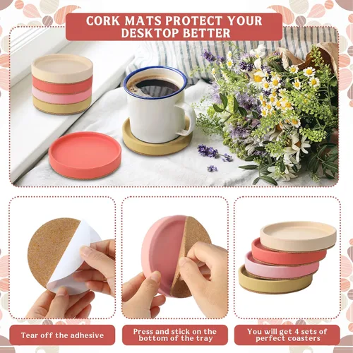 Vista 3 de Hushee Juego de 4 posavasos absorbentes de cerámica, apilables, redondos, con respaldo de corcho, decoración de mesa auxiliar bohemia