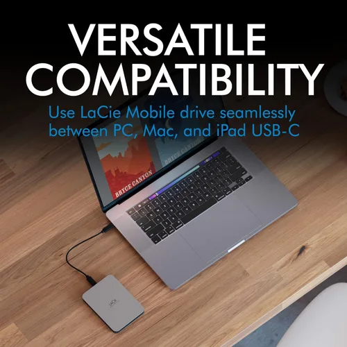 Vista 6 de LaCie Mobile Drive - Disco duro externo portátil de 1 TB - Moon Silver, USB-C 3.2, para PC y Mac, reciclado, con Adobe All Apps Plan y Rescue