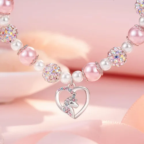 Vista 3 de HGDEER Pulsera de unicornio para hijanietasobrina Pulsera de perlas rosas y bolas de diamantes de imitación Longitud ajustable Adecuado