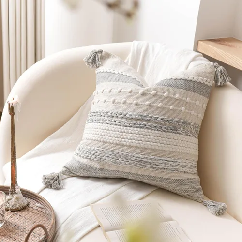 Vista 8 de BlissBlush Funda de almohada decorativa bohemia gris de 22 x 22 pulgadas, cojín cuadrado de estilo rústico para sofá, sala de estar y dormitorio