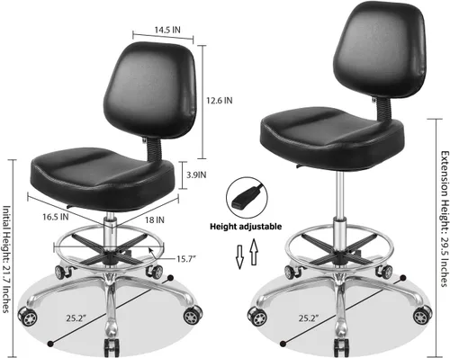 Vista 2 de Silla elevadora, taburete ajustable con respaldo y reposapiés, asiento giratorio, ruedas giratorias para estudio, oficina, salón, mostrador, sillas