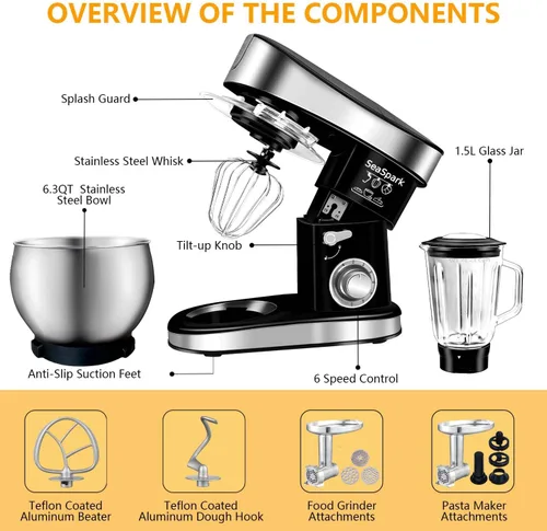 Vista 5 de Batidora de pie multifuncional, batidora de pie 6 en 1, cabezal inclinable de 6.3 cuartos de galón, batidora de pie con tazón de acero inoxidable