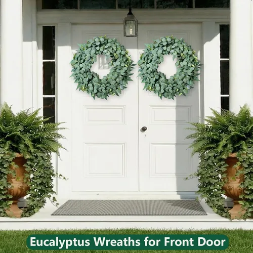 Vista 5 de Coronas de eucalipto de 20 pulgadas para puerta delantera, porche, corona de eucalipto de seda para decoración de granja, vegetación minimalista
