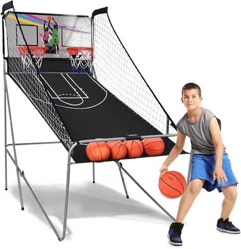 Goplus Juego de Arcade de Baloncesto Plegable de Doble Tiro, Juego de Aro de Baloncesto con Puntuación Electrónica, 8 Modos de Juego, 4 Pelotas,
