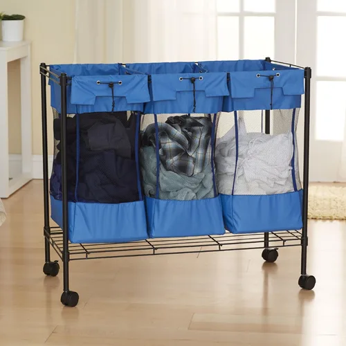 Vista 4 de Household Essentials Clasificador de lavandería con ruedas, bolsas de malla extraíbles triples, marco de alambre resistente, ruedas de deslizamiento