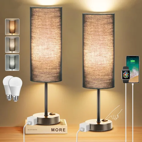 Vista 14 de ZJOJO Juego de 2 lámparas de mesa para dormitorio, lámparas pequeñas de noche con interruptor basculante regulable de 3 vías y toma de corriente